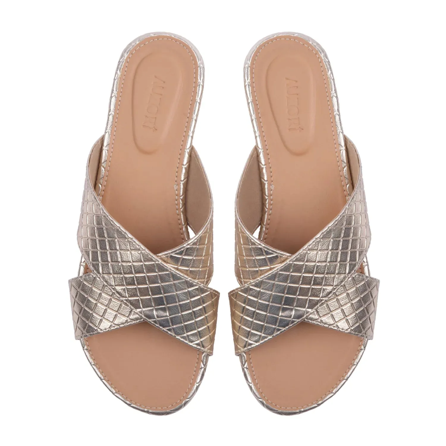 ADVENTUROUS Gold Criss-Cross Open Toe Flats