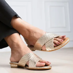 ADVENTUROUS Gold Criss-Cross Open Toe Flats