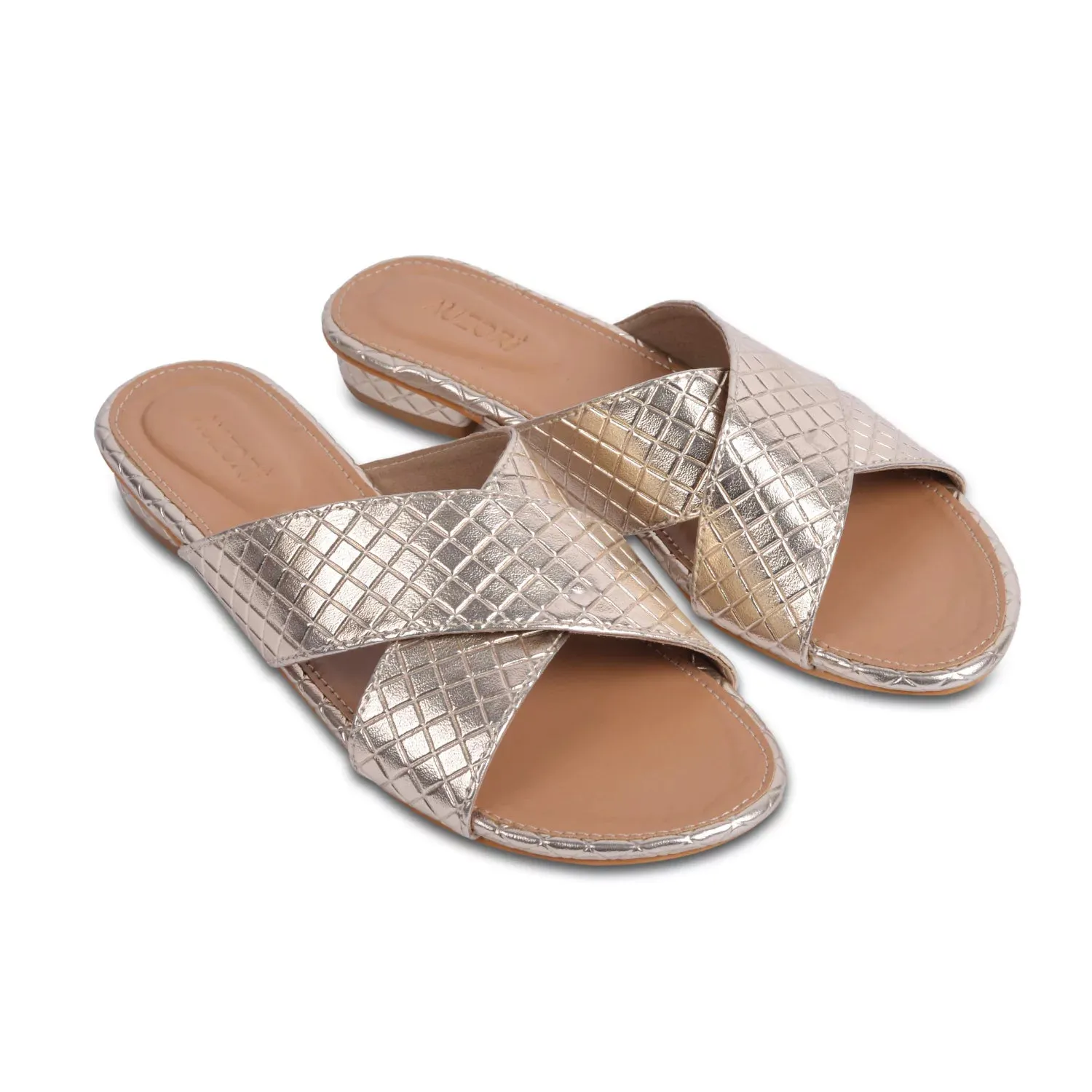 ADVENTUROUS Gold Criss-Cross Open Toe Flats