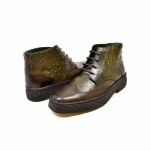 British Walkers Playboy Wingtips Limited Edition Men's Olive Green Ostrich Leather High Top Boots Ankle Boots