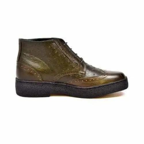 British Walkers Playboy Wingtips Limited Edition Men's Olive Green Ostrich Leather High Top Boots Ankle Boots