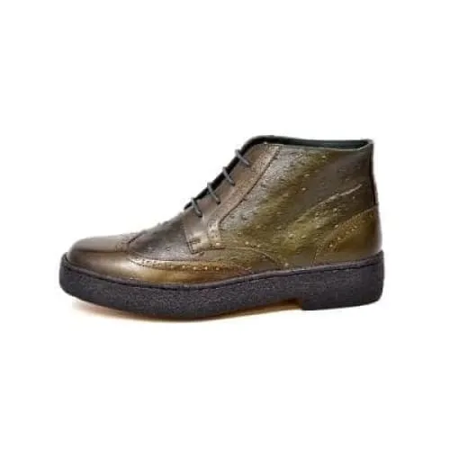 British Walkers Playboy Wingtips Limited Edition Men's Olive Green Ostrich Leather High Top Boots Ankle Boots