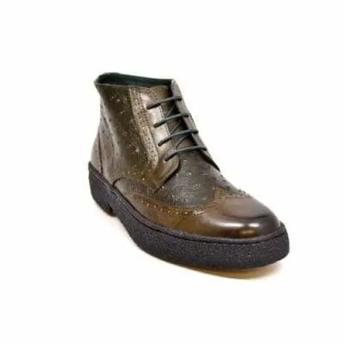 British Walkers Playboy Wingtips Limited Edition Men's Olive Green Ostrich Leather High Top Boots Ankle Boots