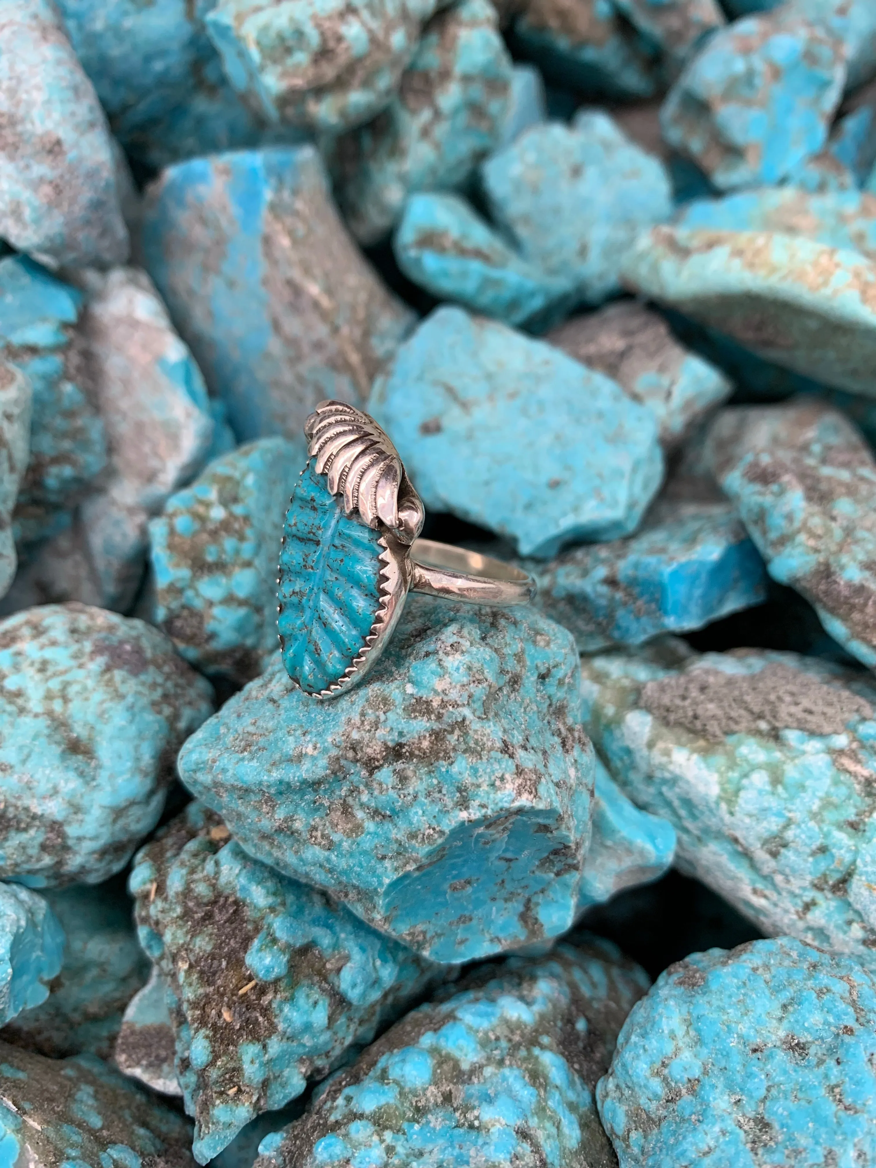 Carved Feather Turquoise ring size 9