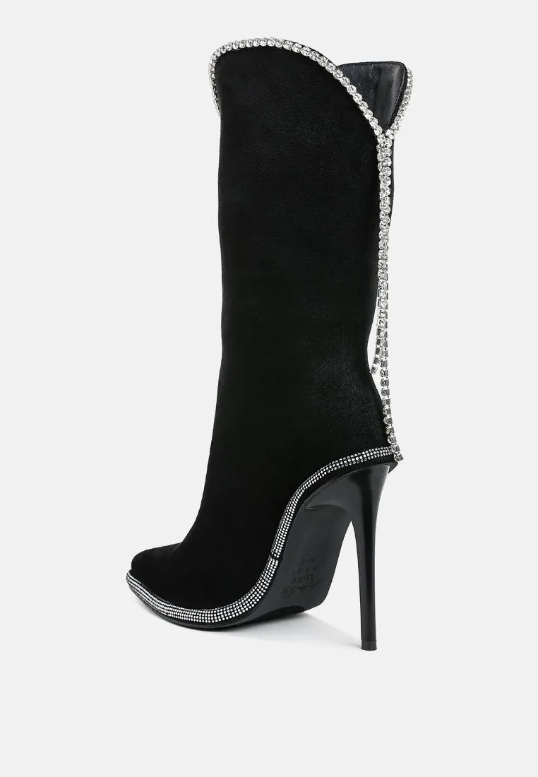 Diamante Chain Detail Calf Boots By RAG