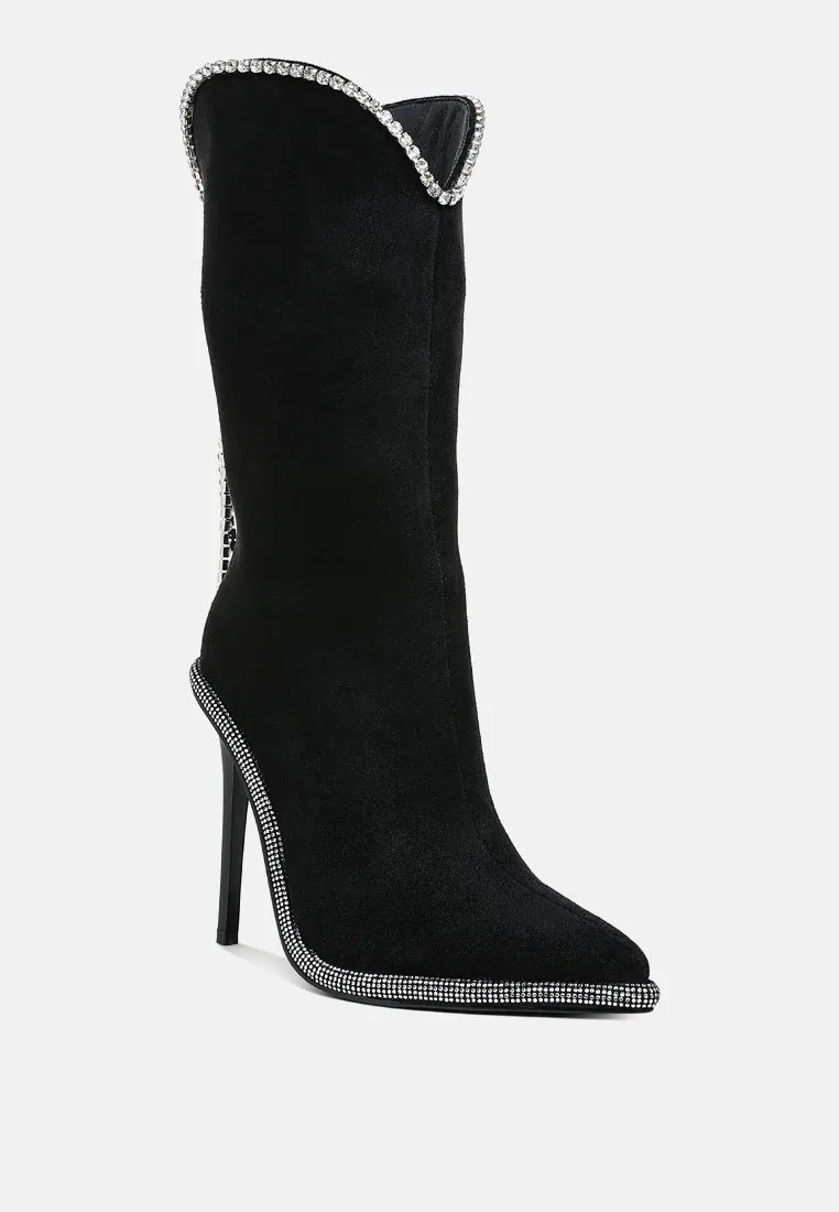 Diamante Chain Detail Calf Boots By RAG