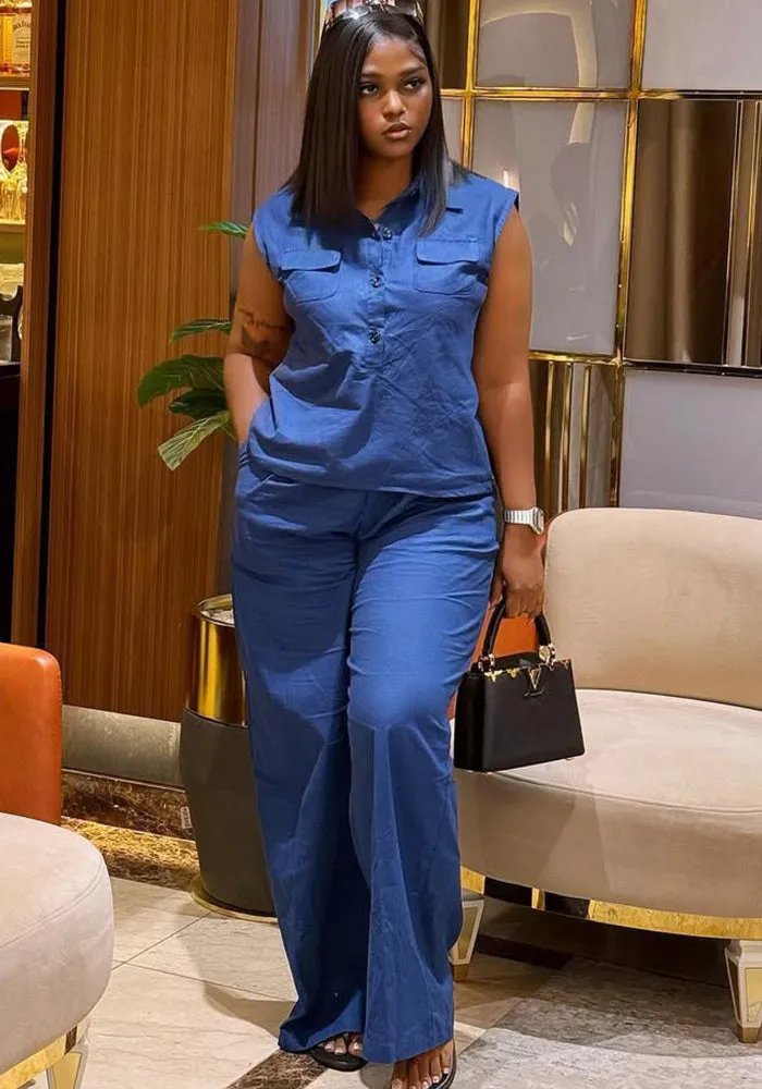 Effortlessly Chic Sleeveless Button-Up Top and Wide-Leg Pants Set