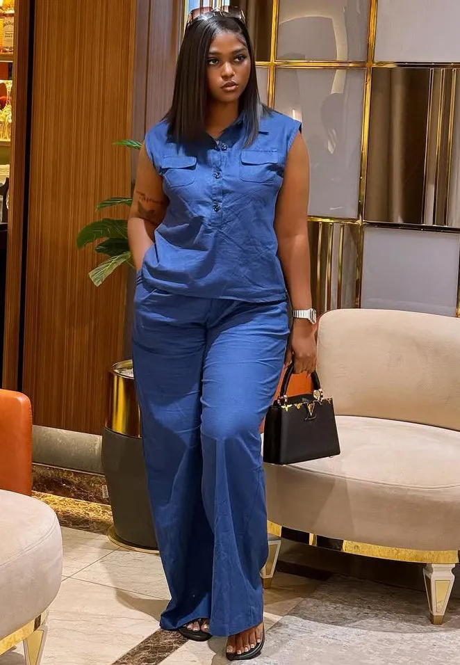 Effortlessly Chic Sleeveless Button-Up Top and Wide-Leg Pants Set