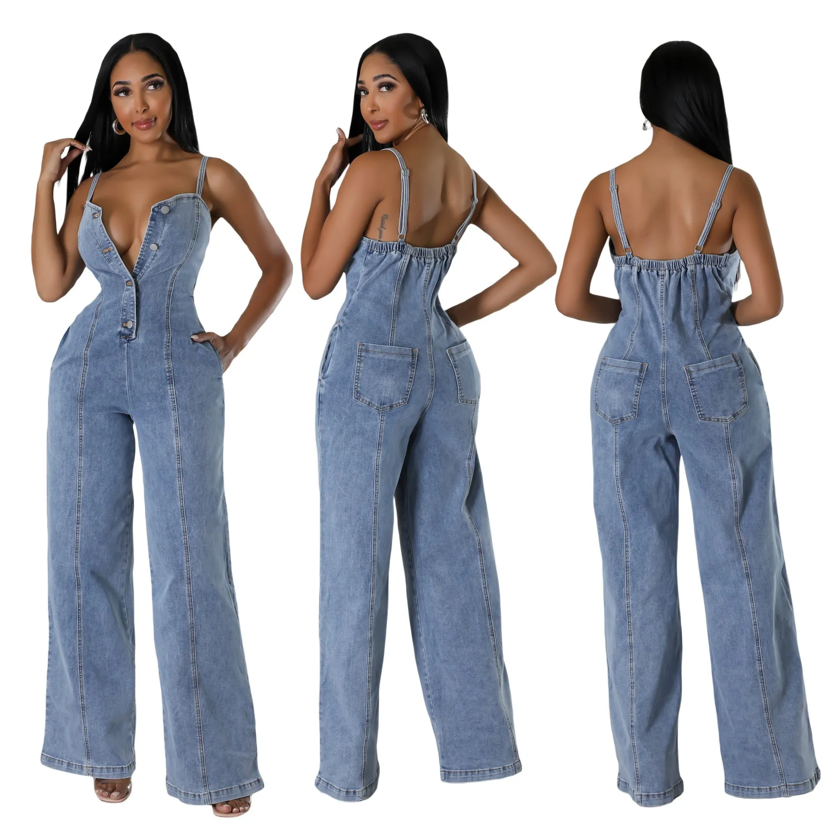 Effortlessly Cool and Chic Suspender Style Denim Jumpsuit