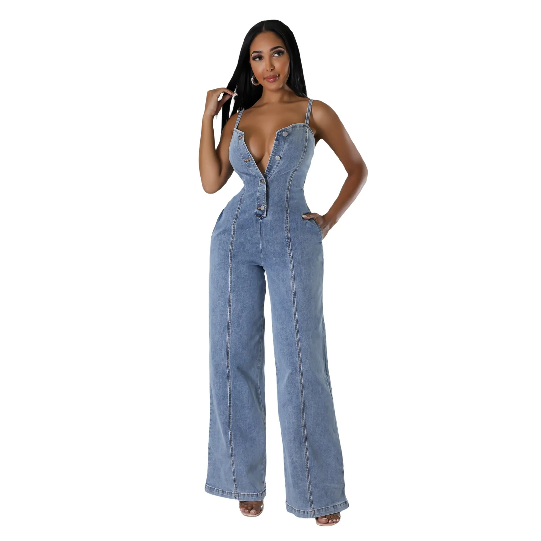 Effortlessly Cool and Chic Suspender Style Denim Jumpsuit