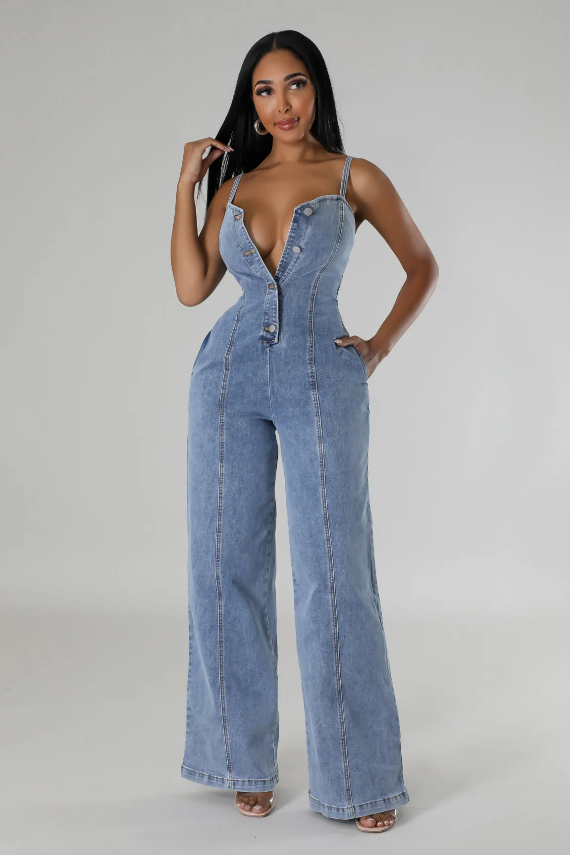Effortlessly Cool and Chic Suspender Style Denim Jumpsuit