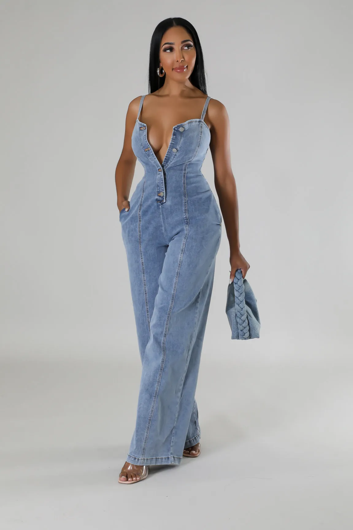 Effortlessly Cool and Chic Suspender Style Denim Jumpsuit