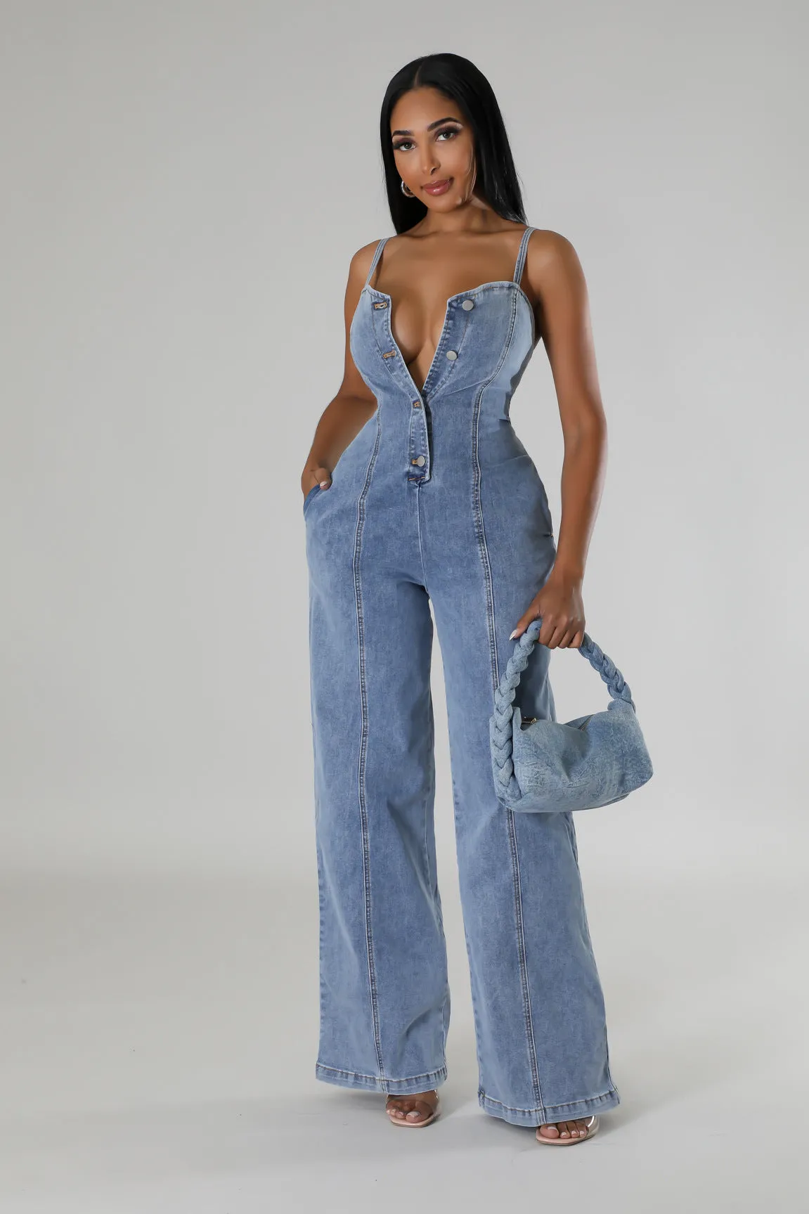 Effortlessly Cool and Chic Suspender Style Denim Jumpsuit