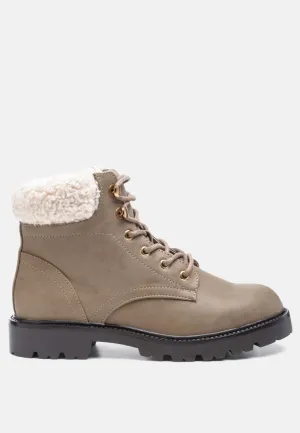 Fur Collared Biker Boots In Taupe