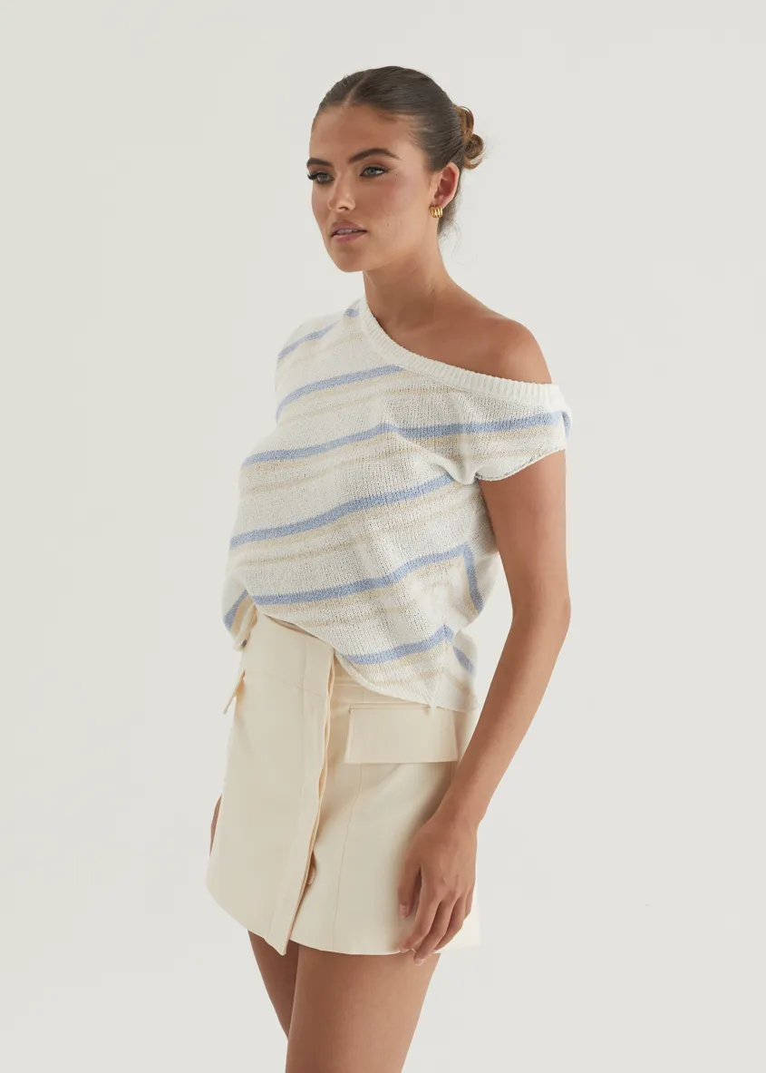 Gracie One Shoulder Knit Top - Blue Stripe