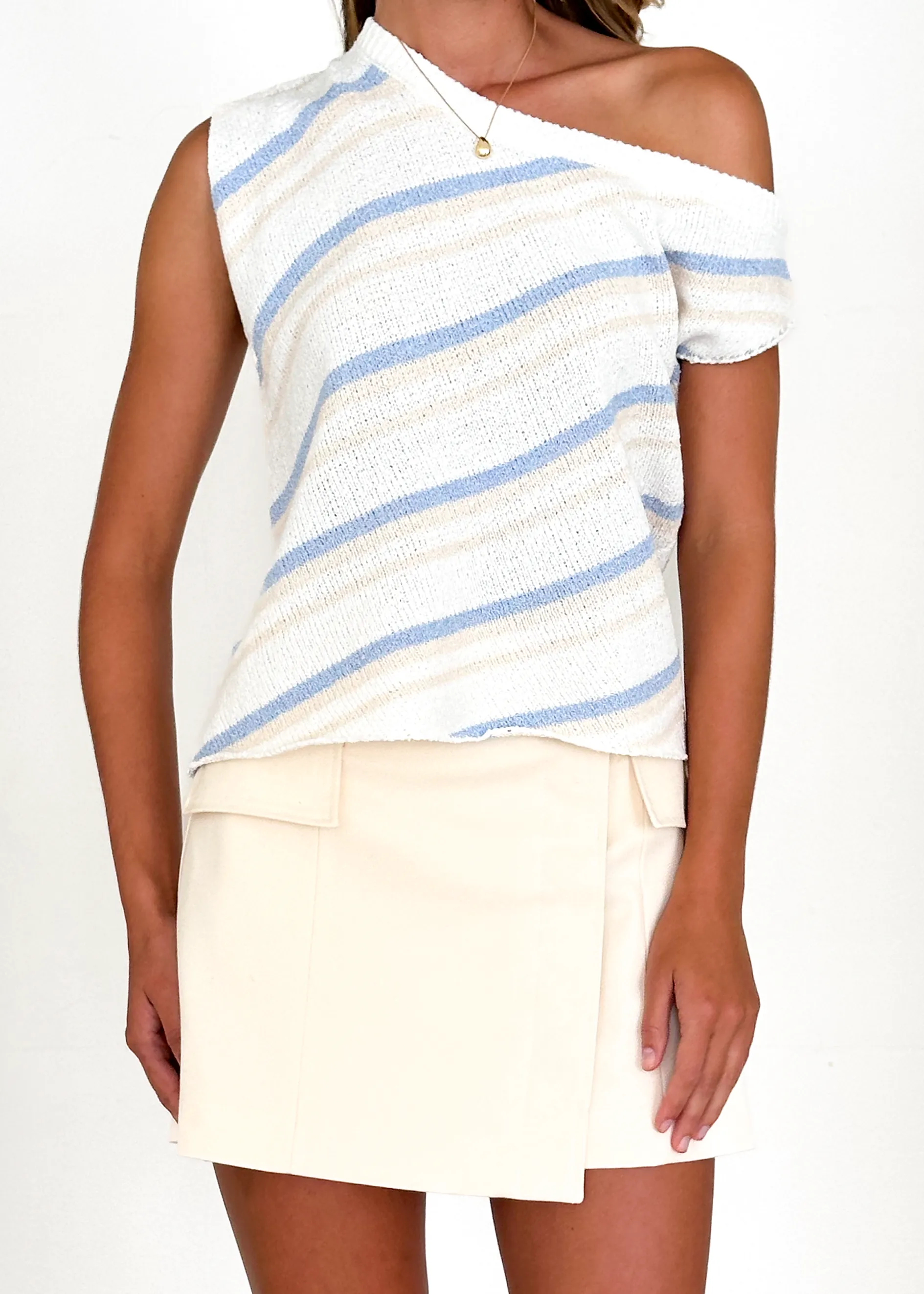 Gracie One Shoulder Knit Top - Blue Stripe