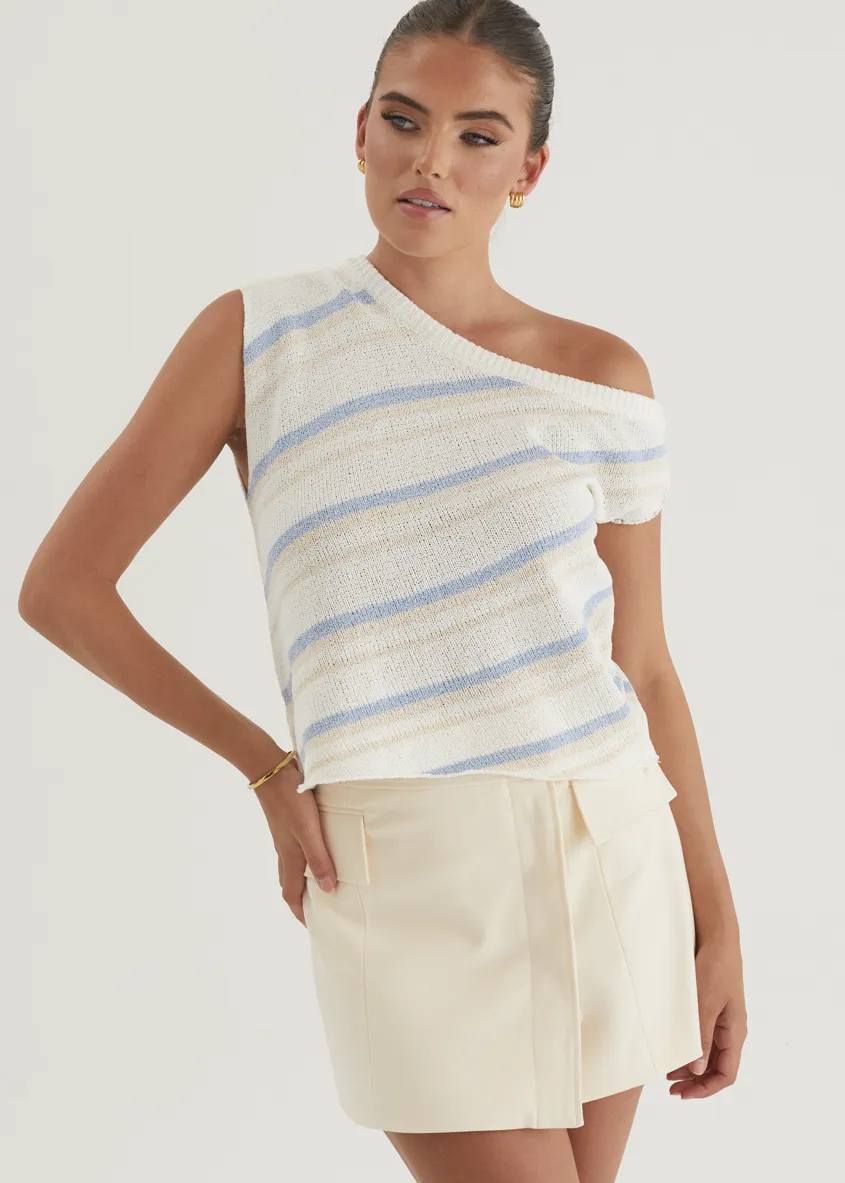 Gracie One Shoulder Knit Top - Blue Stripe