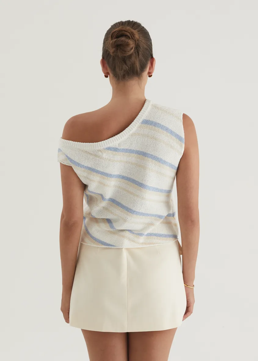 Gracie One Shoulder Knit Top - Blue Stripe