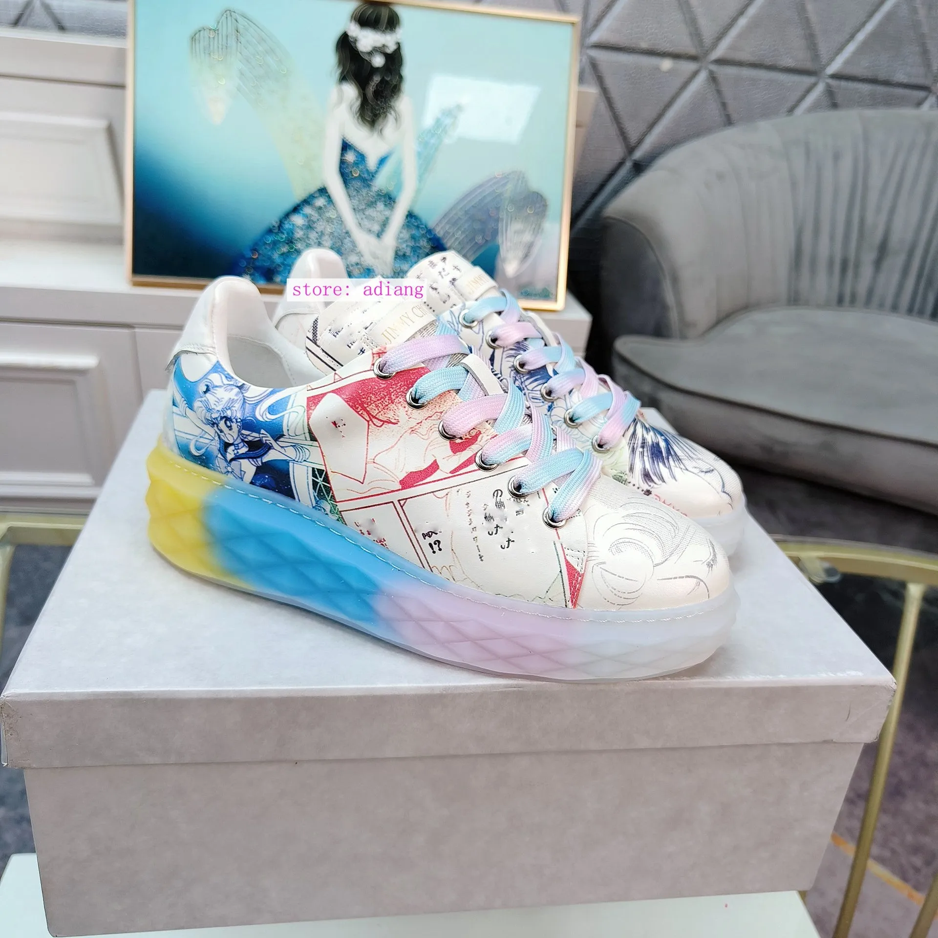 Graffiti shoes lace up casual flats fashion cool cute leather women 35-40 high quality