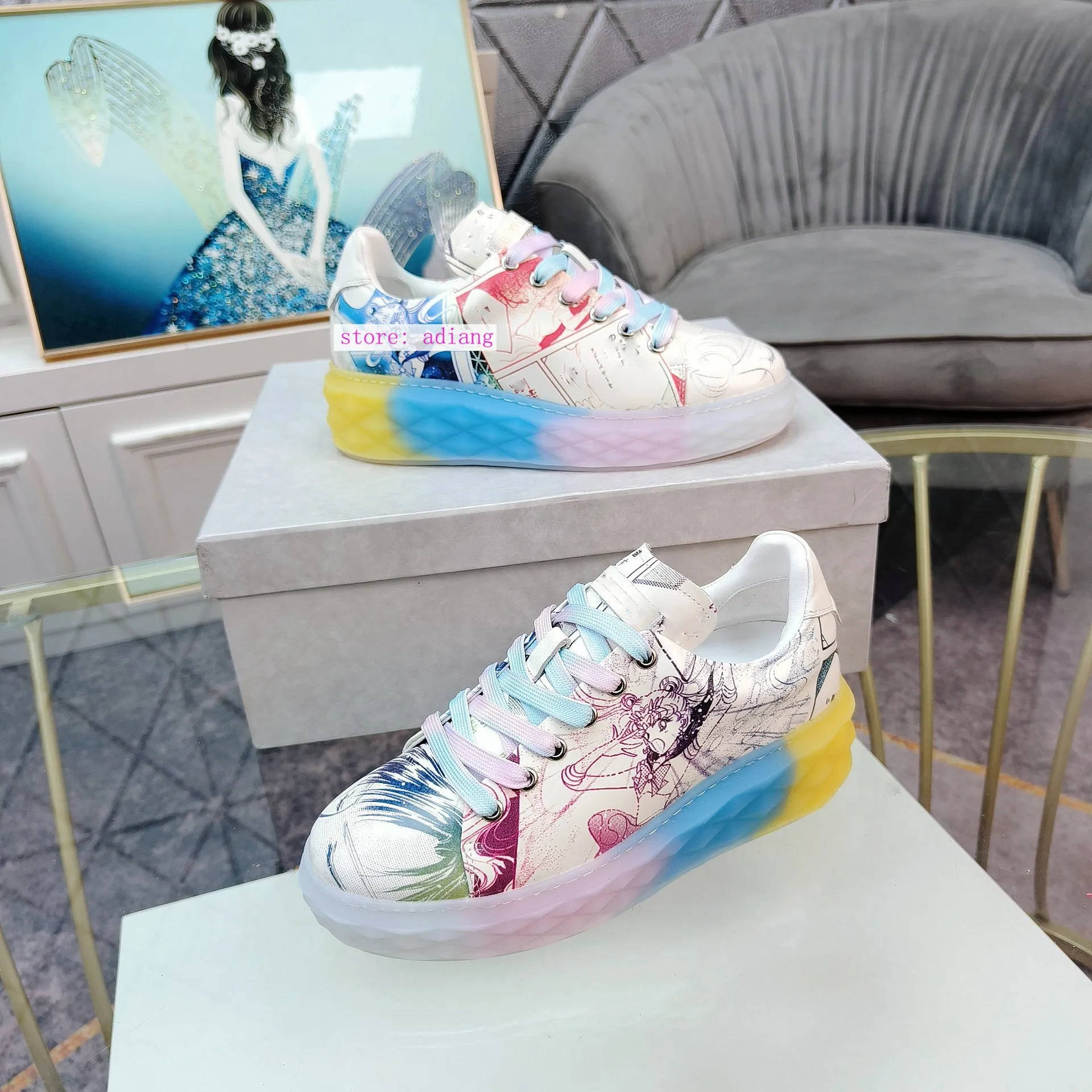 Graffiti shoes lace up casual flats fashion cool cute leather women 35-40 high quality