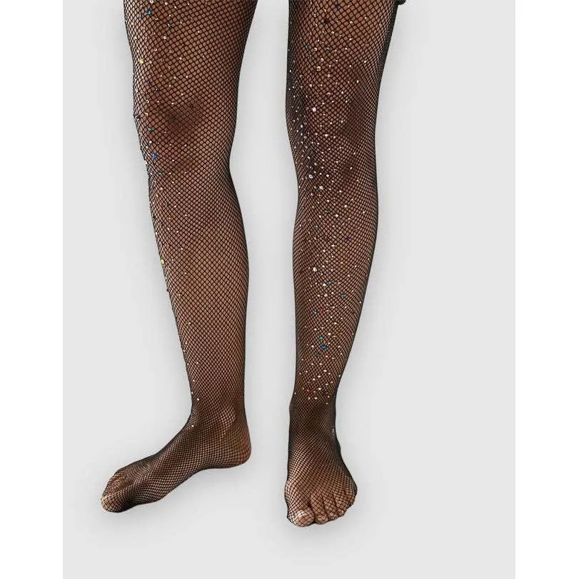 High Heel Jungle Glitter Fishnet Tights in Black [One Size]