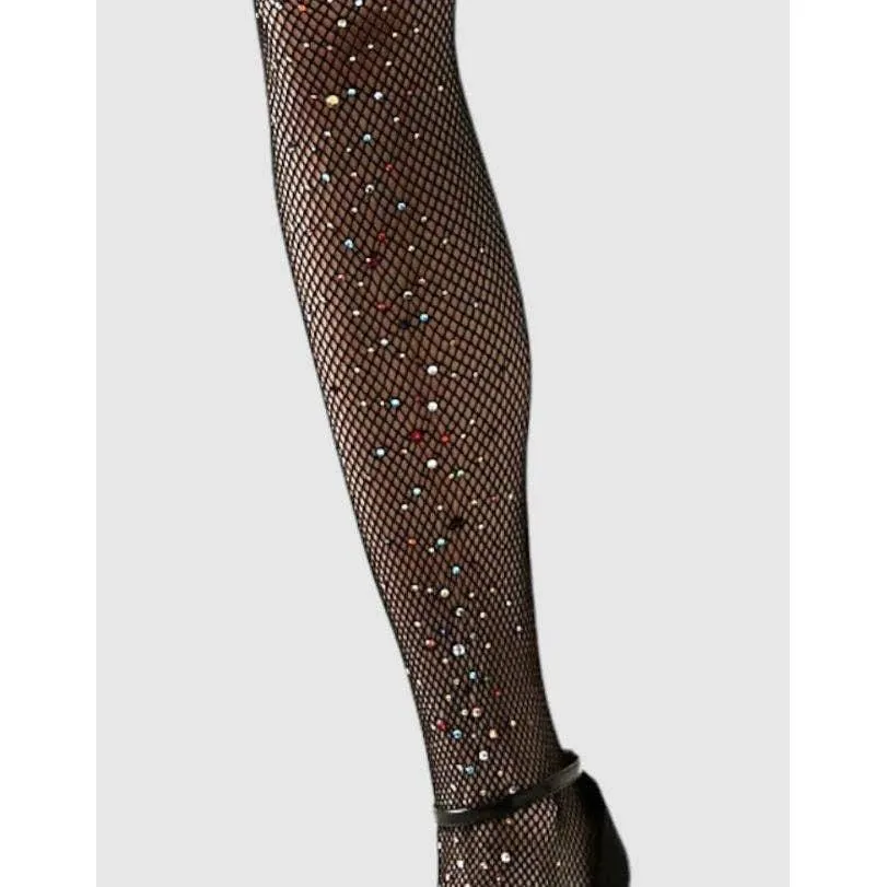 High Heel Jungle Glitter Fishnet Tights in Black [One Size]