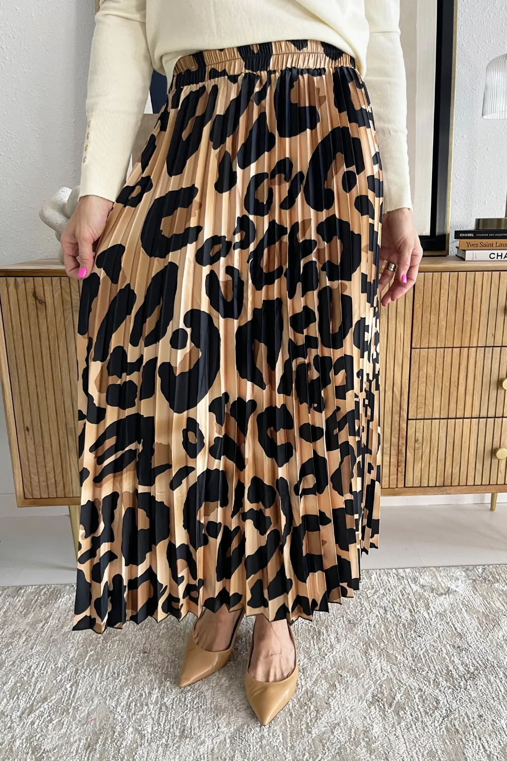 Leopard Print Pleated Midi Skirt