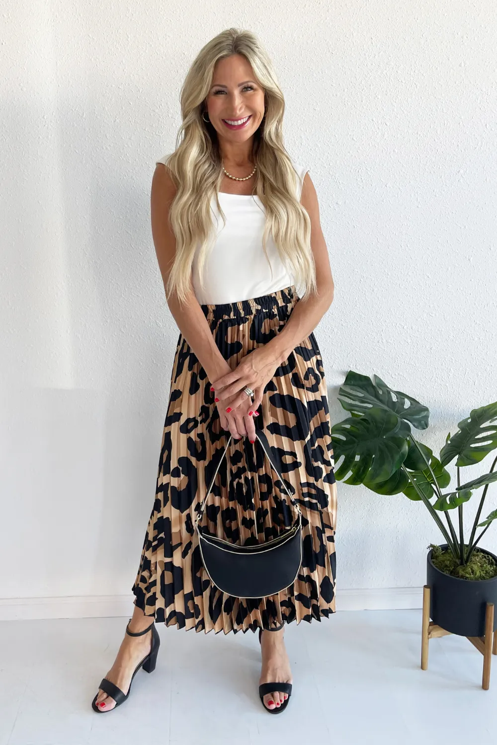 Leopard Print Pleated Midi Skirt