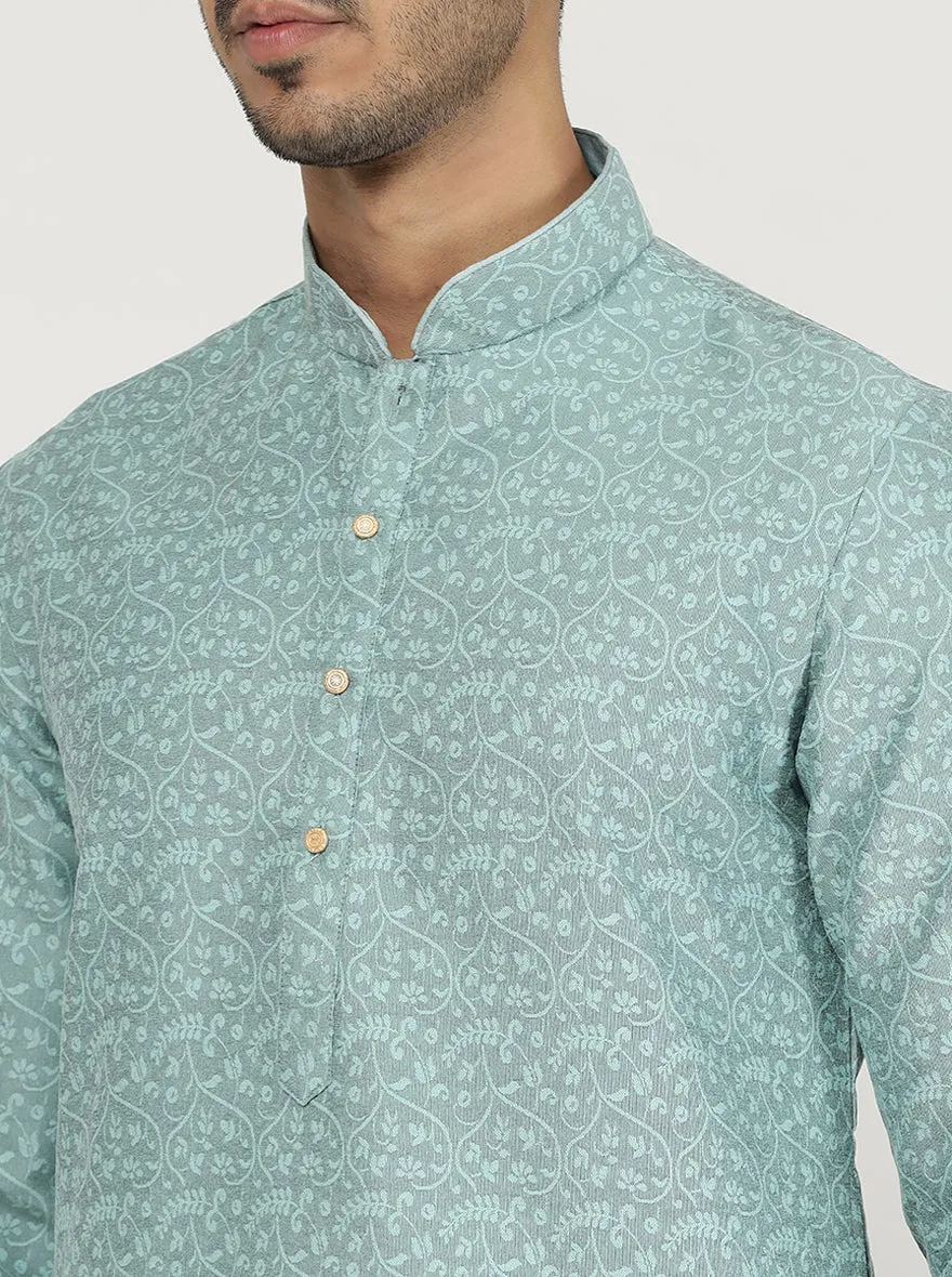Light Turquoise Printed Silk Blend Kurta | The Kurta Company