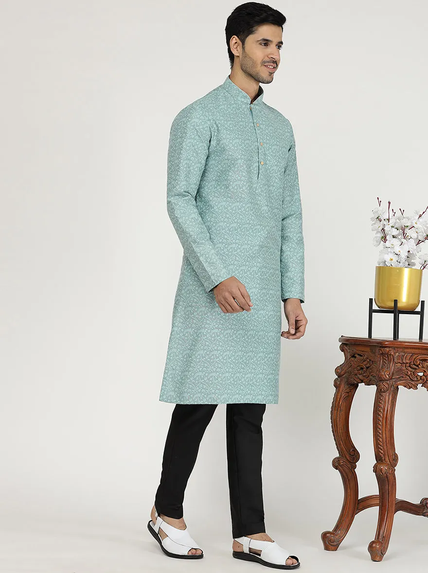 Light Turquoise Printed Silk Blend Kurta | The Kurta Company