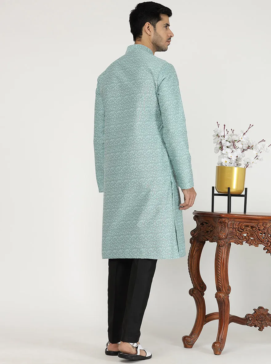Light Turquoise Printed Silk Blend Kurta | The Kurta Company