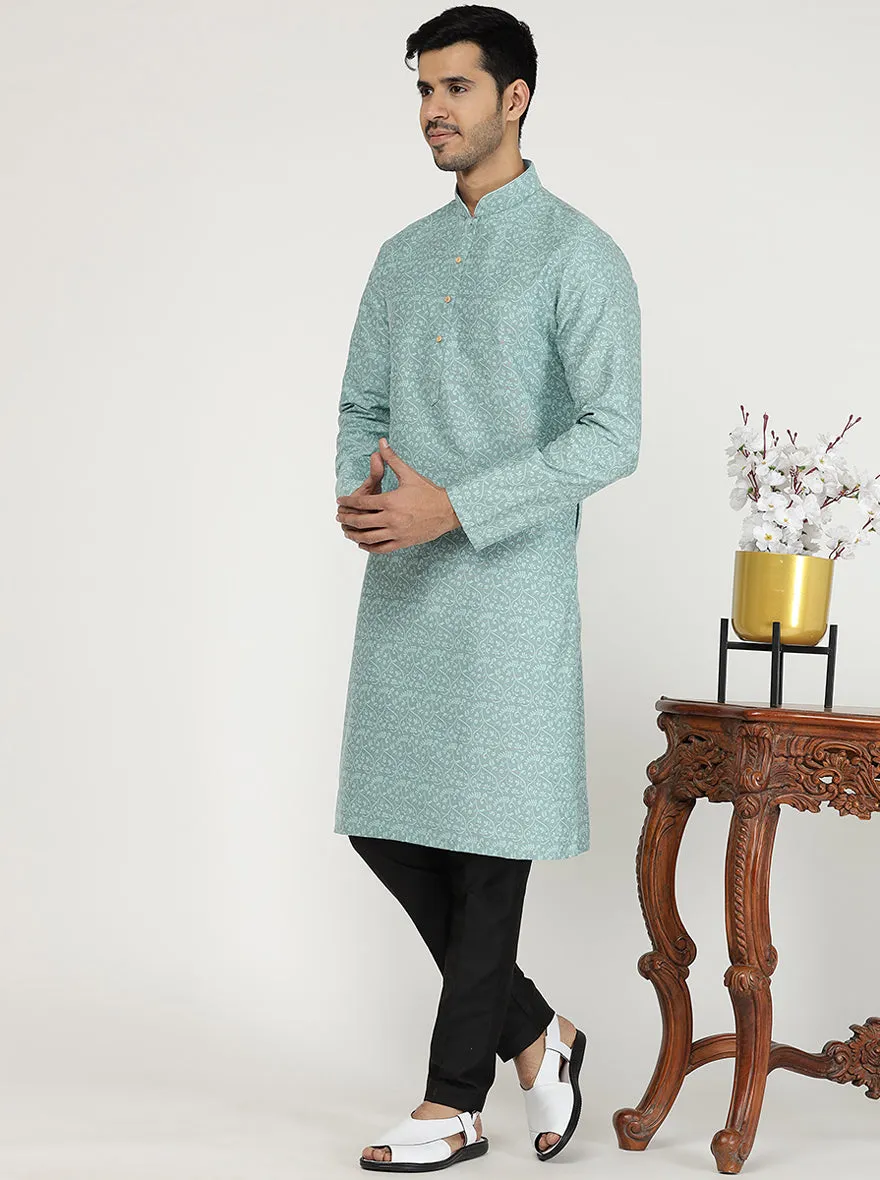 Light Turquoise Printed Silk Blend Kurta | The Kurta Company