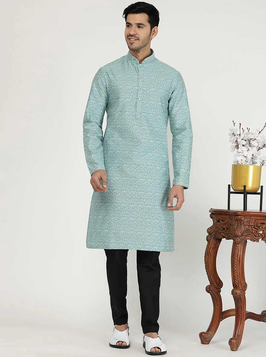Light Turquoise Printed Silk Blend Kurta | The Kurta Company