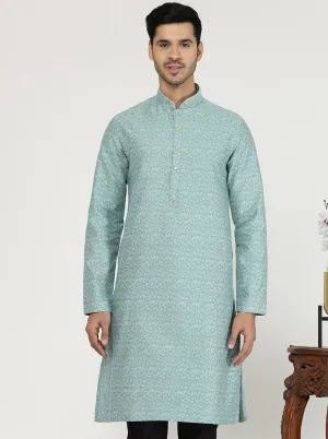 Light Turquoise Printed Silk Blend Kurta | The Kurta Company