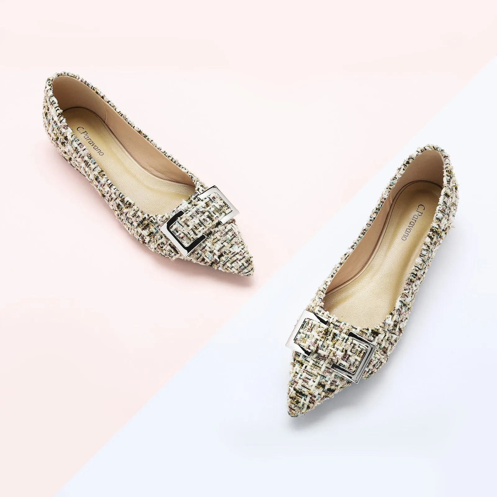 Metal Buckle Pointy Tweed Flats(SALE)