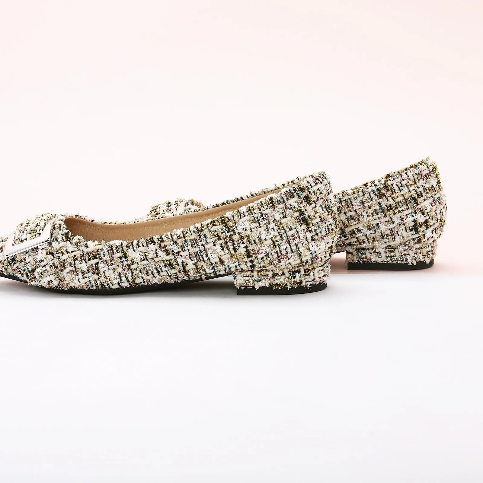 Metal Buckle Pointy Tweed Flats(SALE)