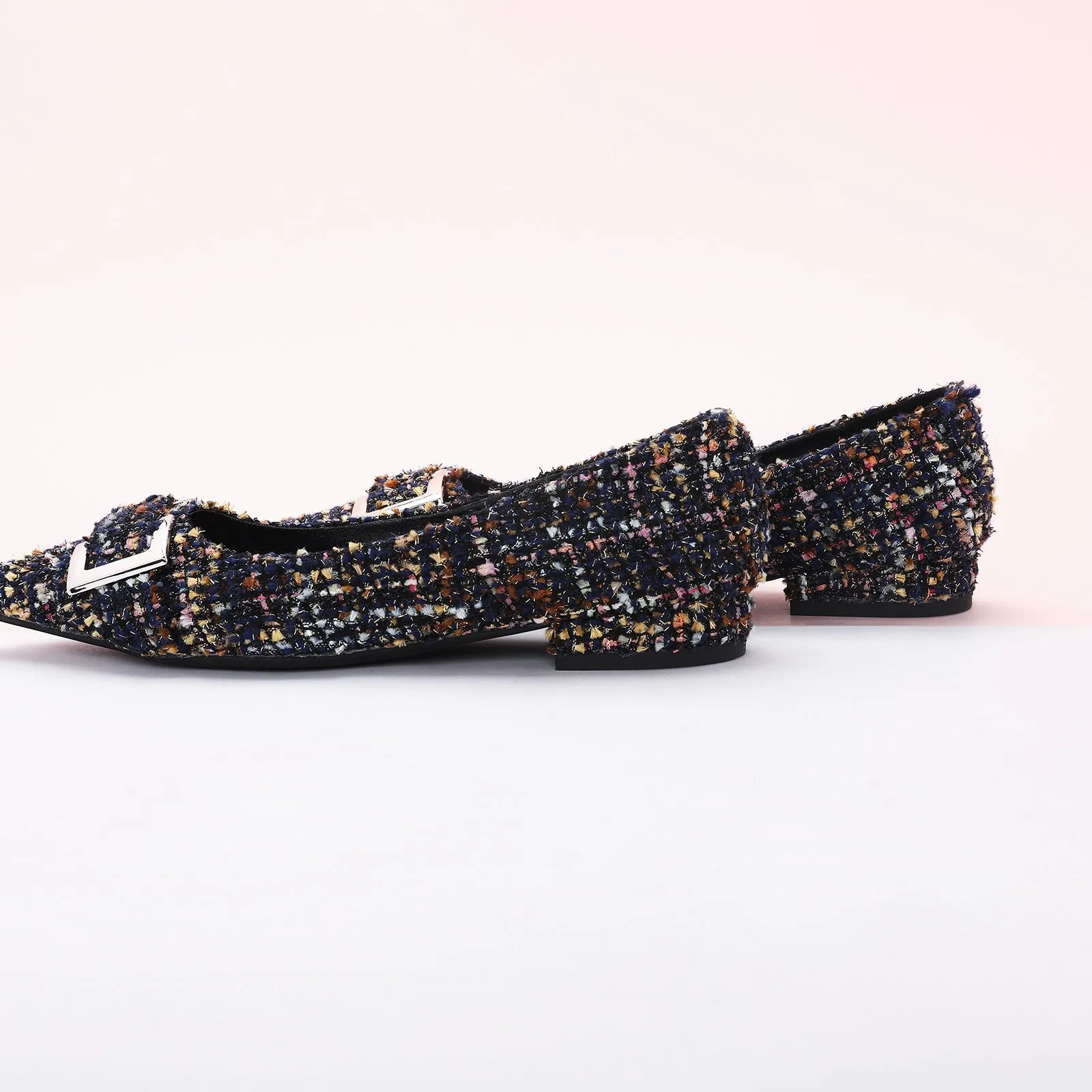 Metal Buckle Pointy Tweed Flats(SALE)