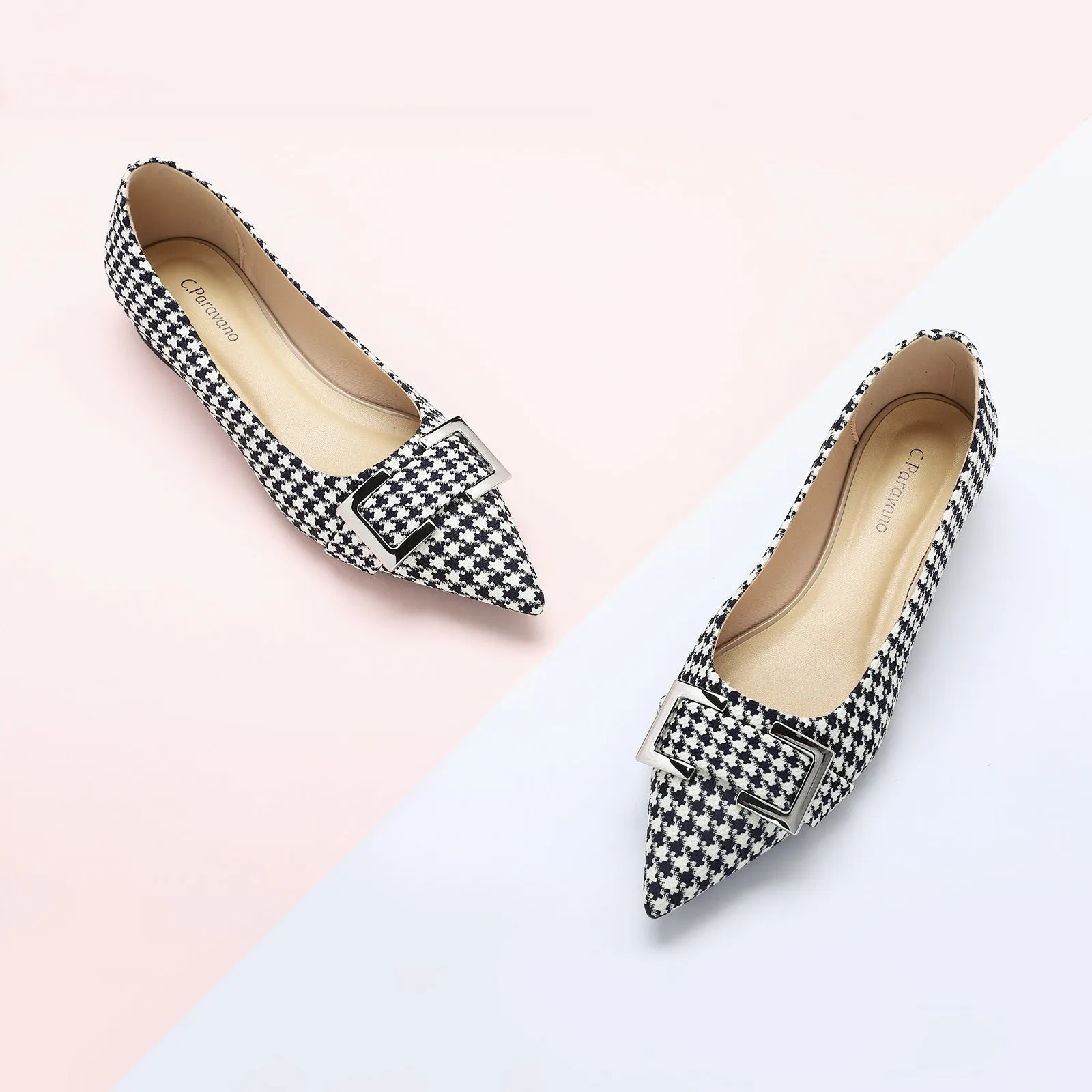 Metal Buckle Pointy Tweed Flats(SALE)