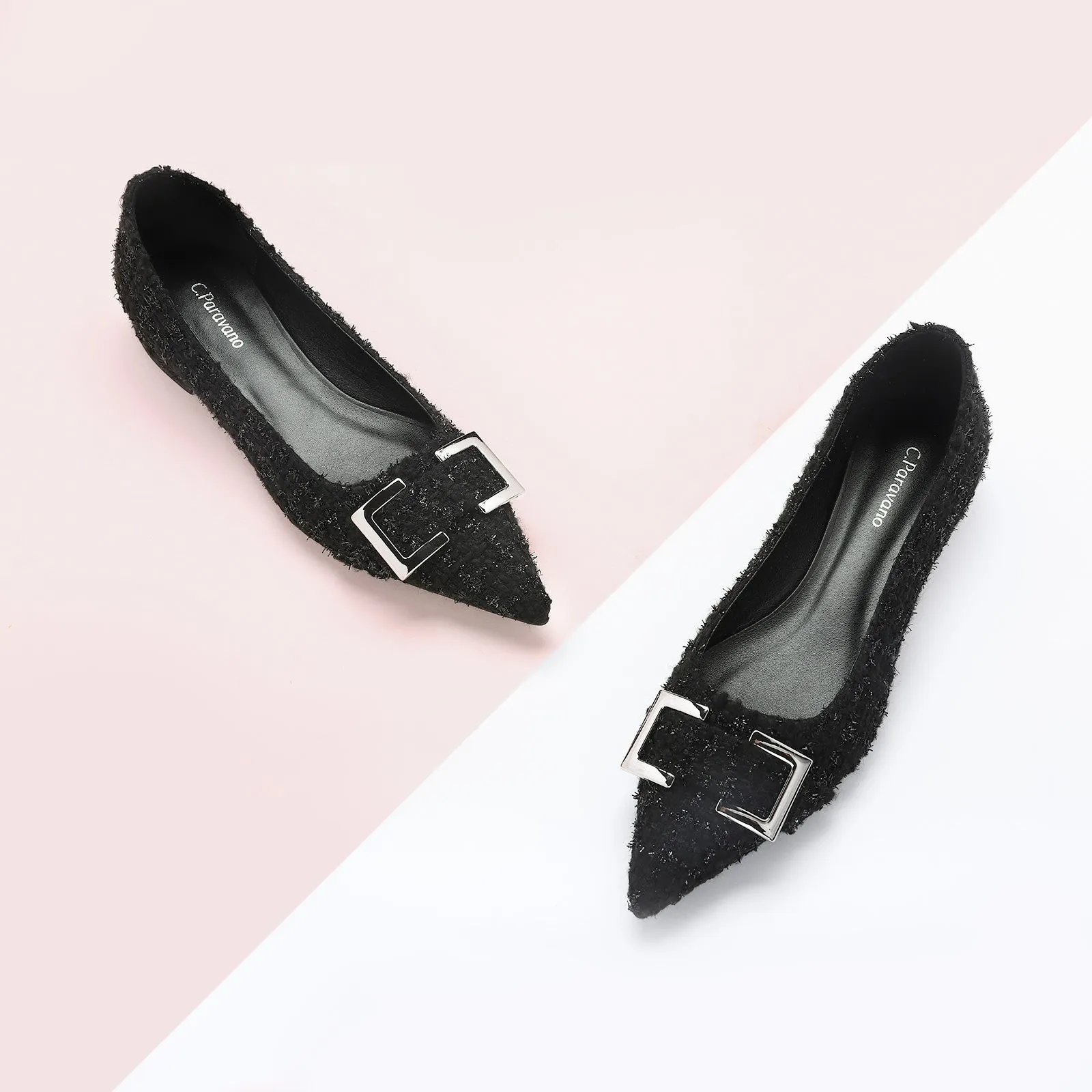 Metal Buckle Pointy Tweed Flats(SALE)