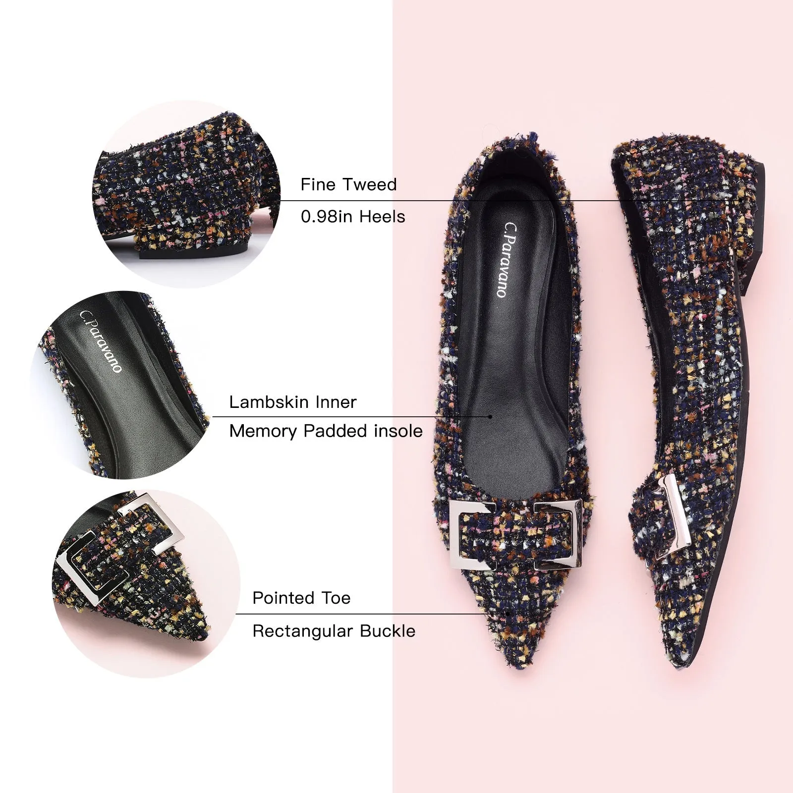 Metal Buckle Pointy Tweed Flats(SALE)