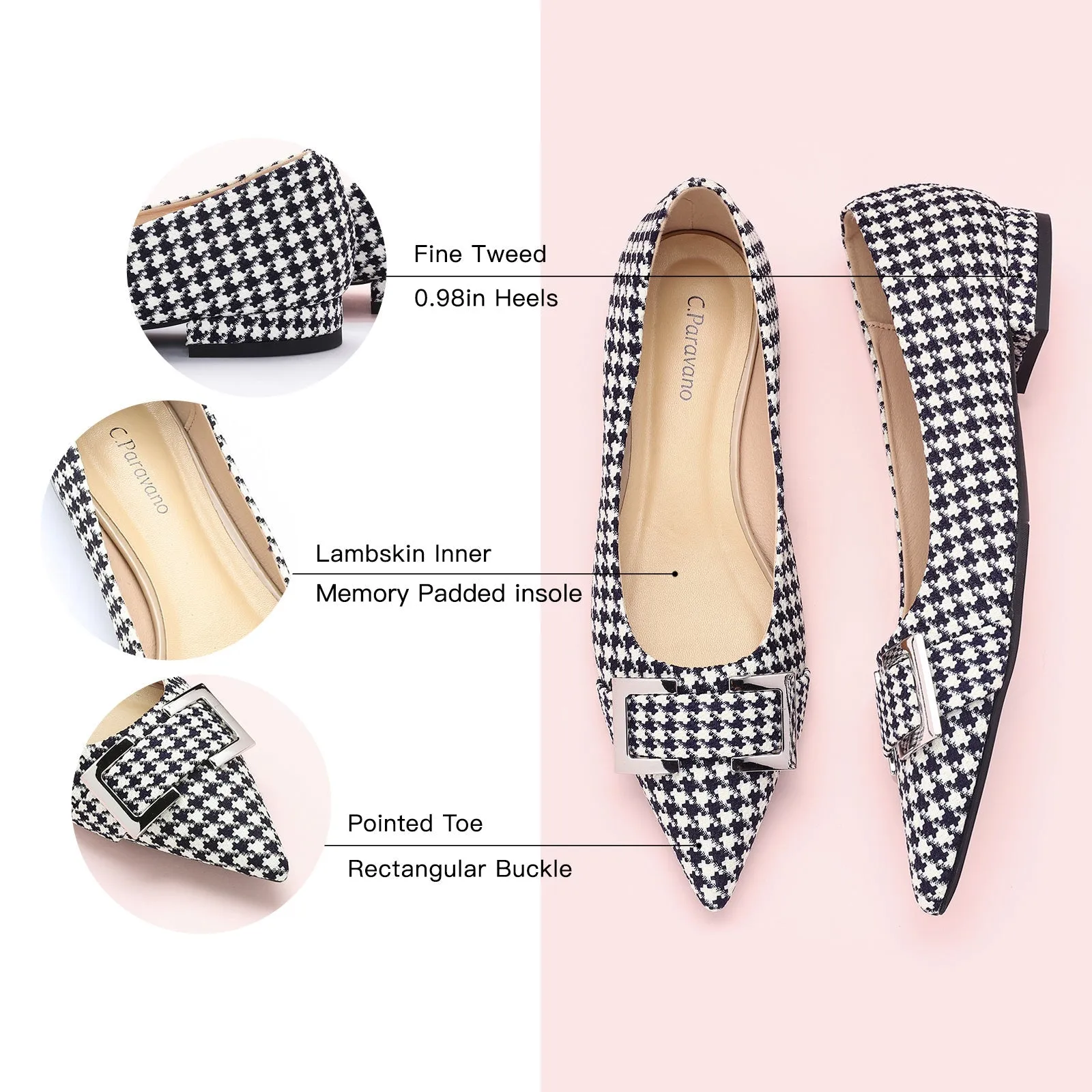 Metal Buckle Pointy Tweed Flats(SALE)