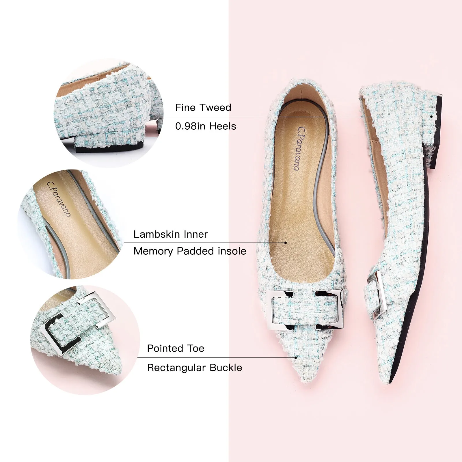 Metal Buckle Pointy Tweed Flats(SALE)