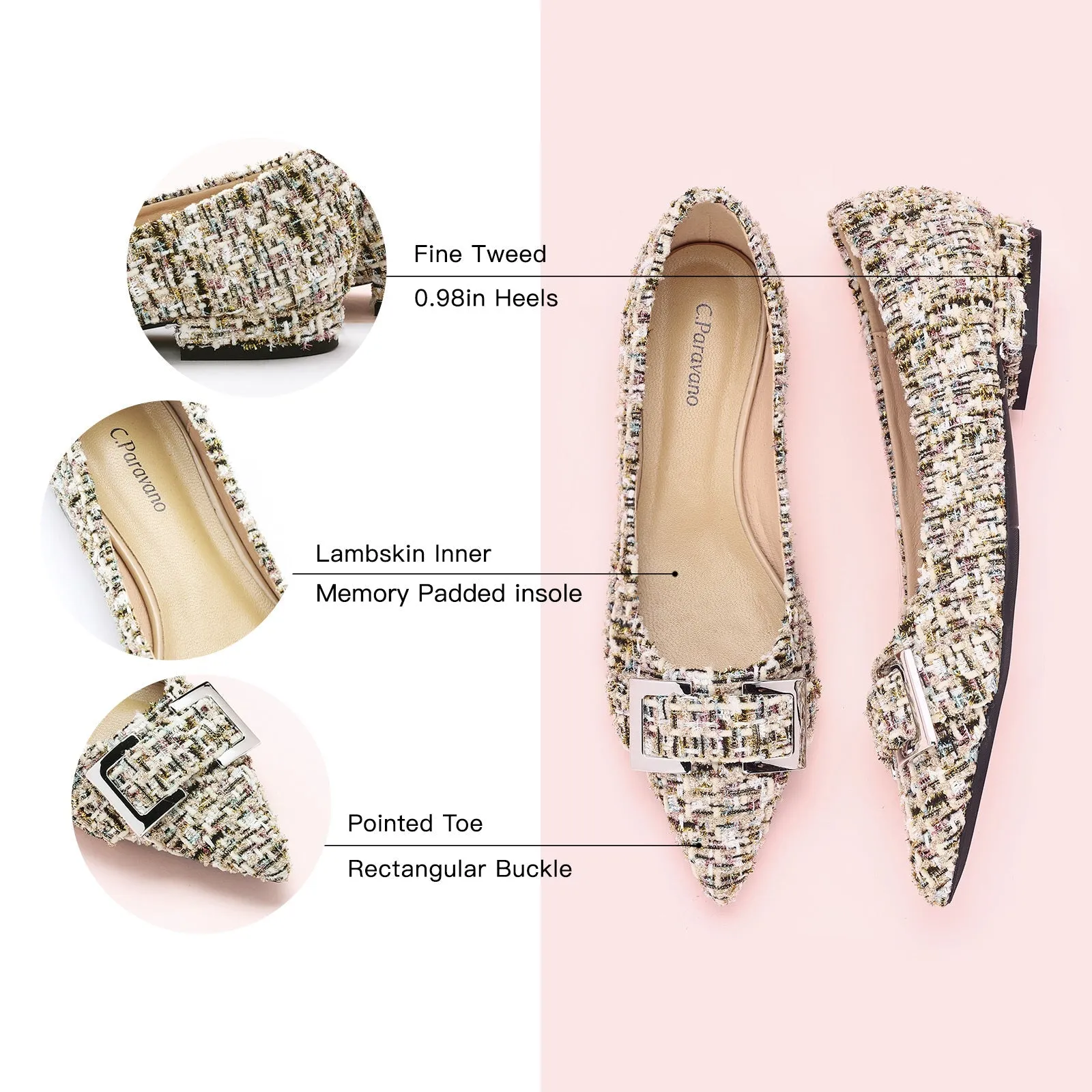 Metal Buckle Pointy Tweed Flats(SALE)