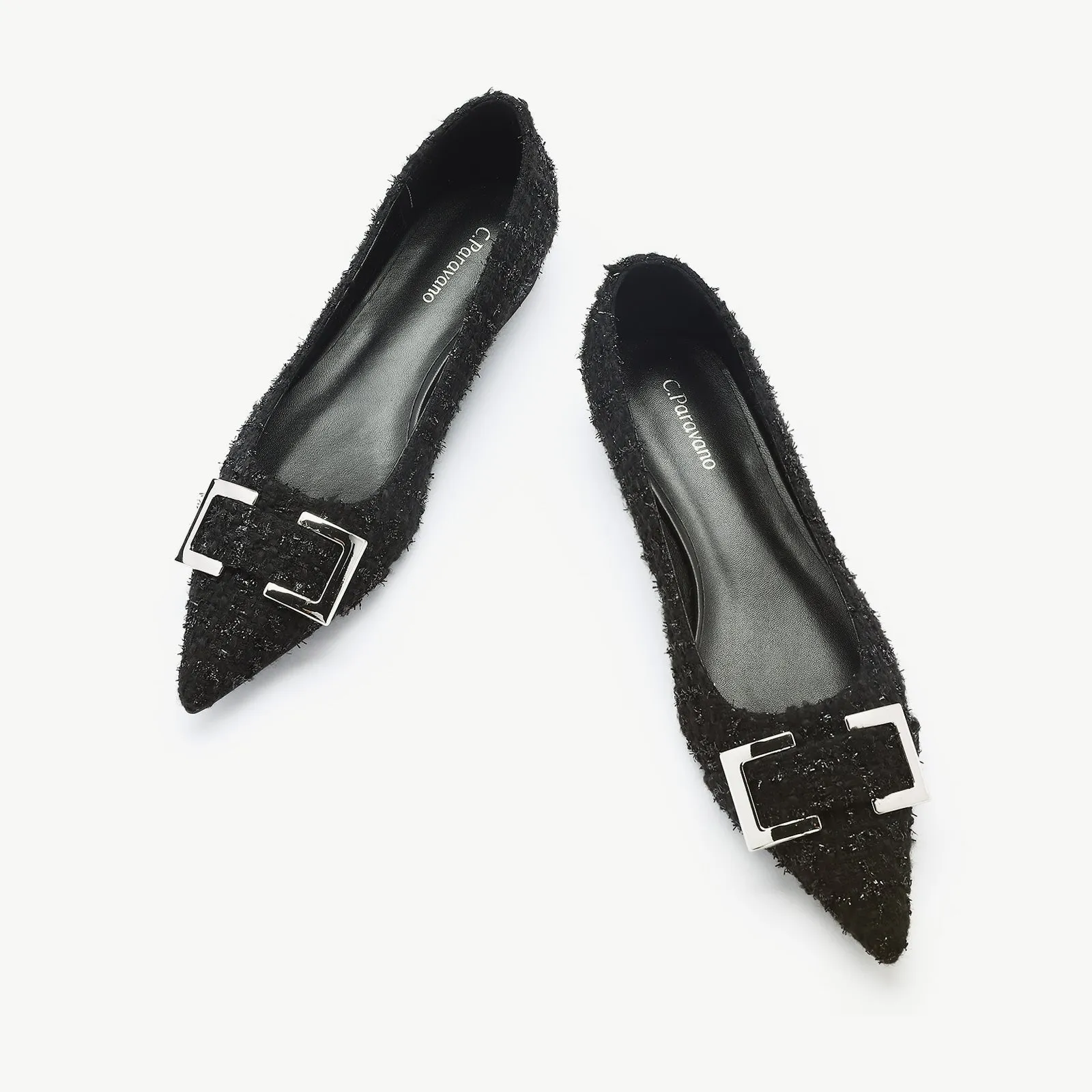 Metal Buckle Pointy Tweed Flats(SALE)