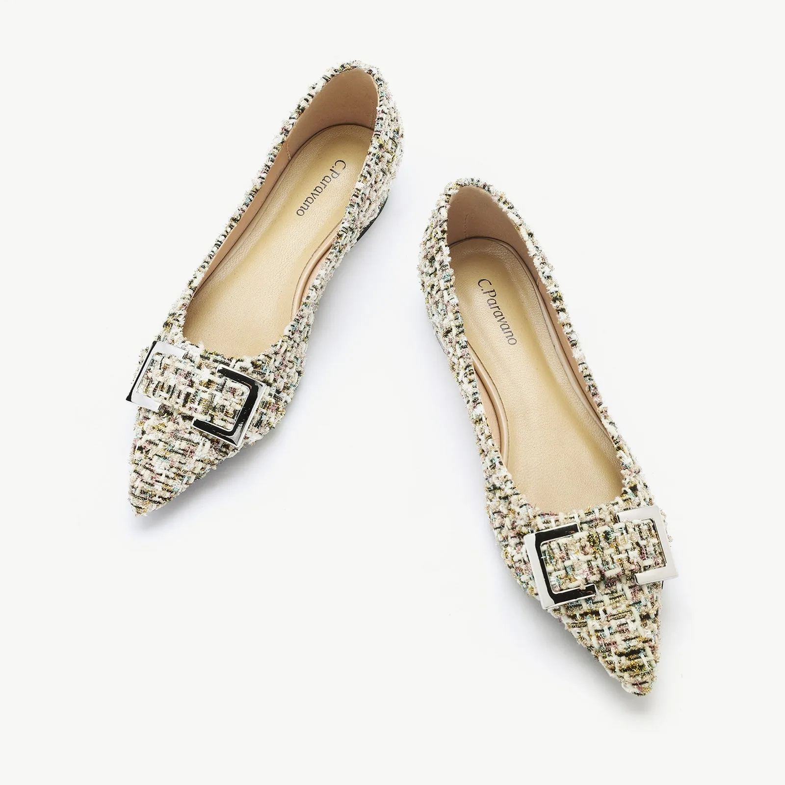 Metal Buckle Pointy Tweed Flats(SALE)