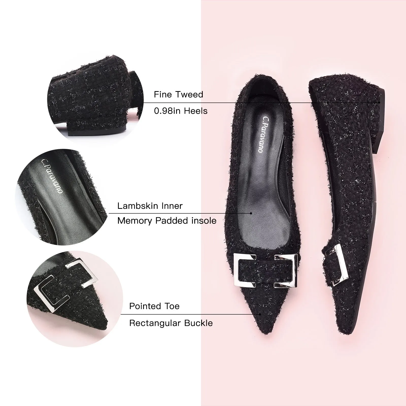 Metal Buckle Pointy Tweed Flats(SALE)