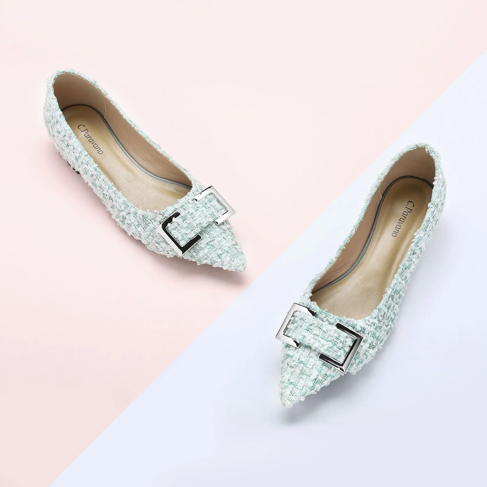 Metal Buckle Pointy Tweed Flats(SALE)