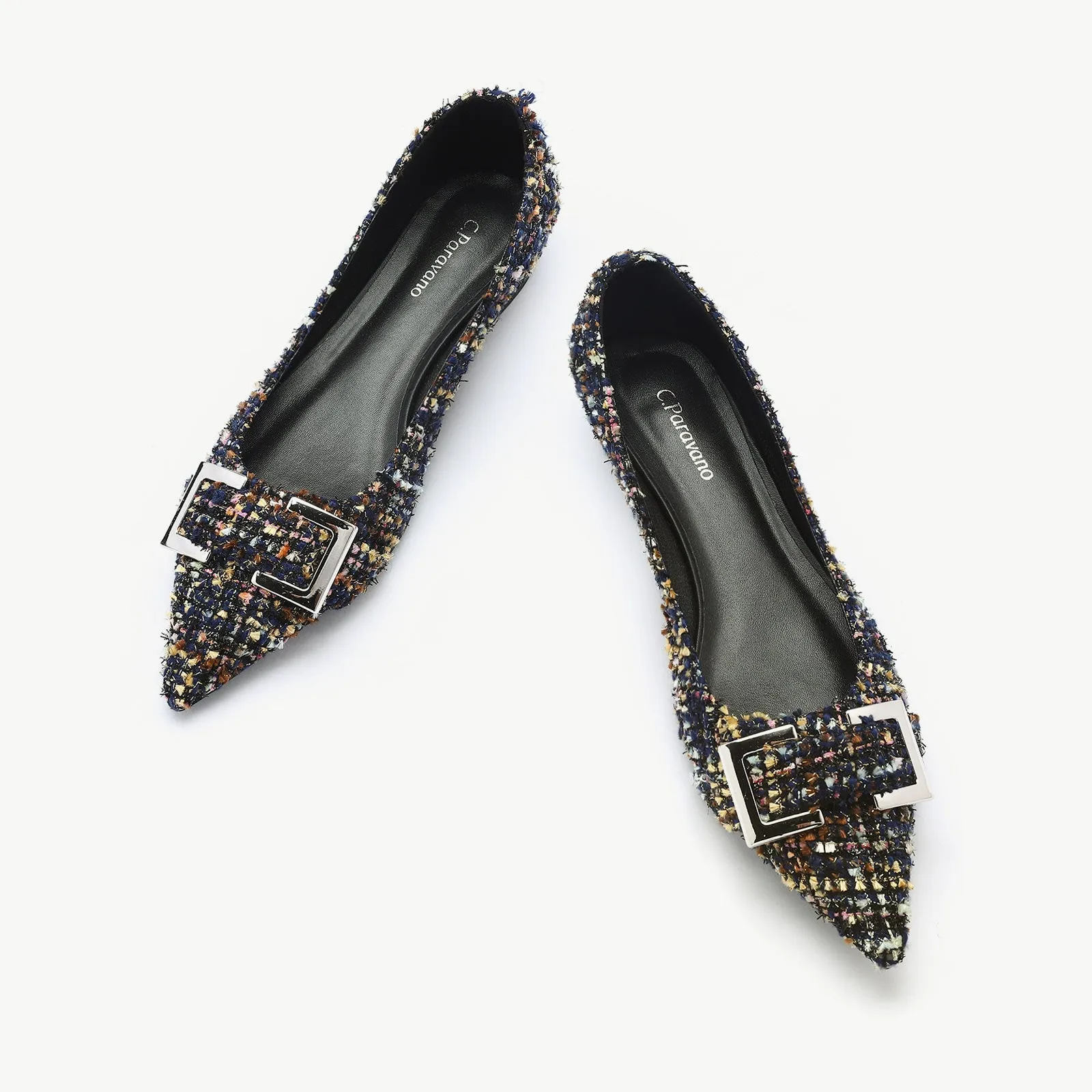 Metal Buckle Pointy Tweed Flats(SALE)