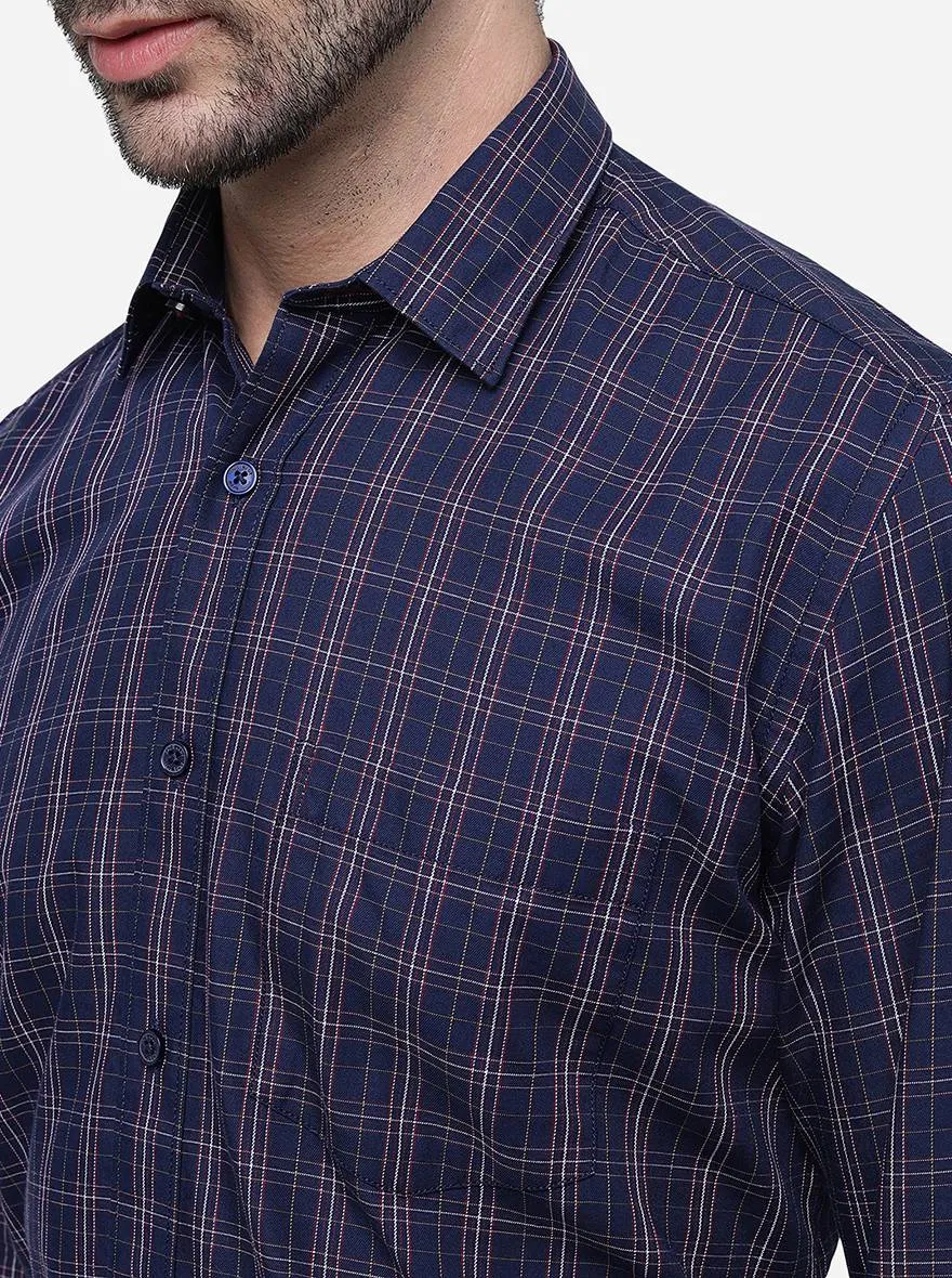 Navy Blue Checked Slim Fit Casual Shirt | JadeBlue