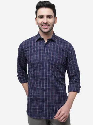 Navy Blue Checked Slim Fit Casual Shirt | JadeBlue